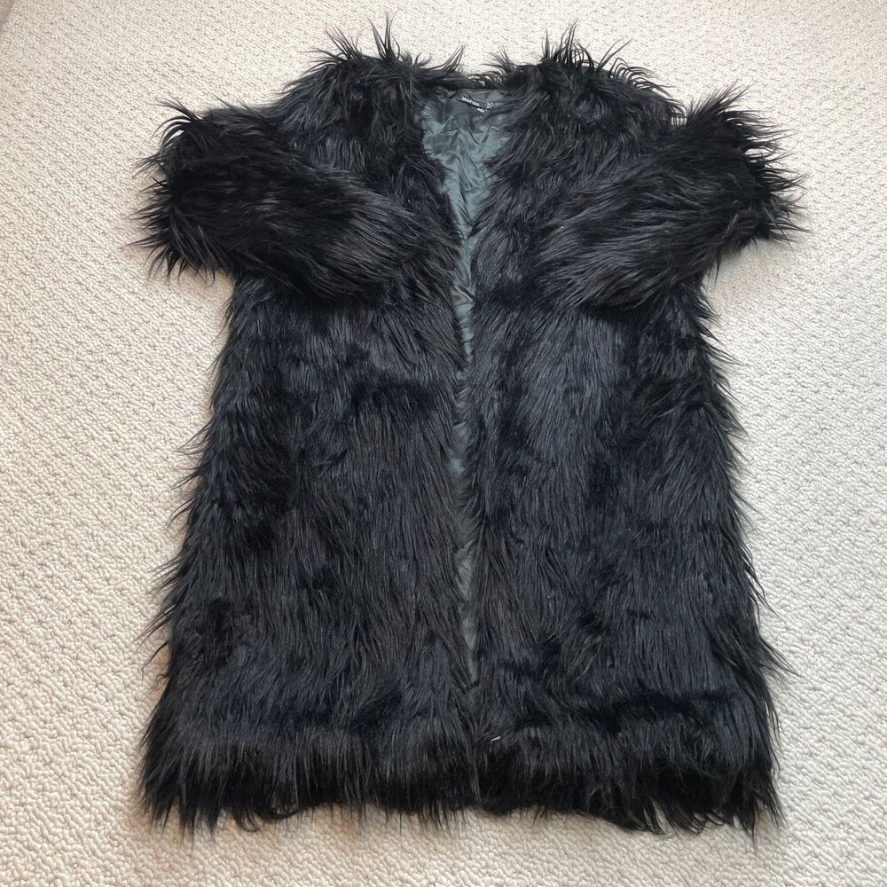 Boohoo Faux Fut Coat Womens 8 Black Long Sleeve Fuzzy Soft Polyester Overcoat - Picture 1 of 11
